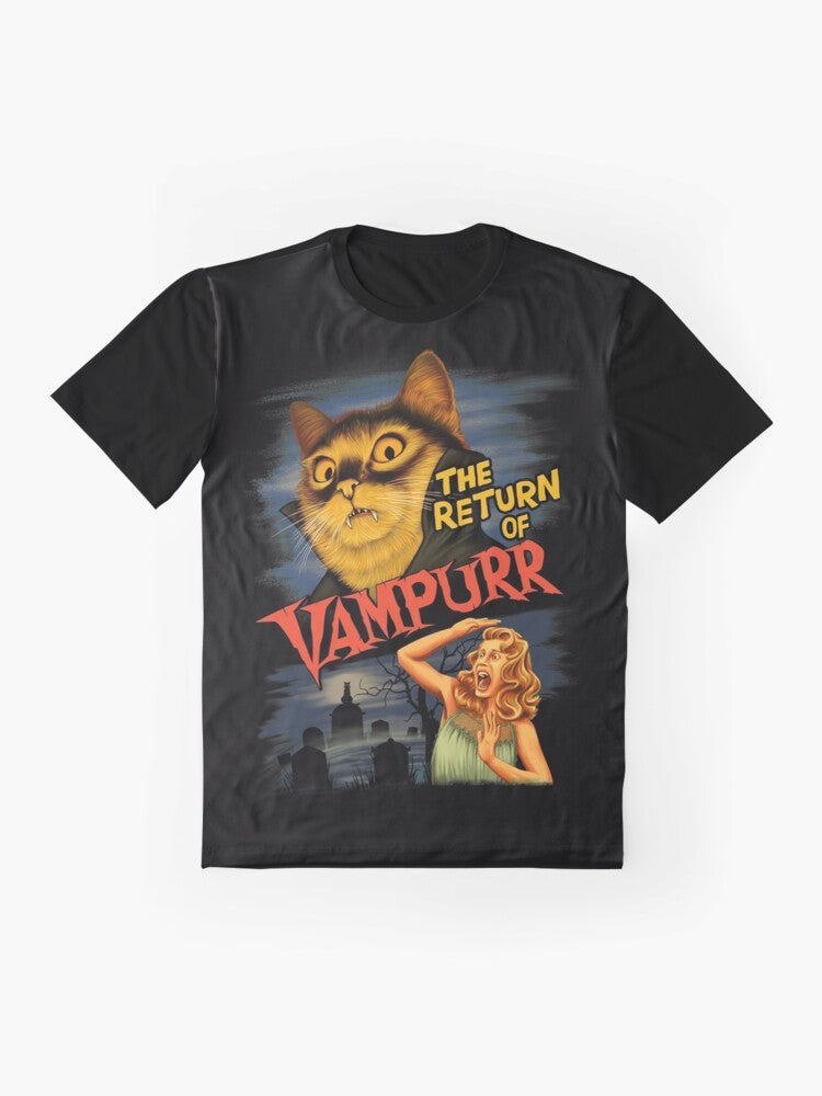 Graphic design of a cute vampire cat with red eyes and fangs on a black t-shirt - Flat lay