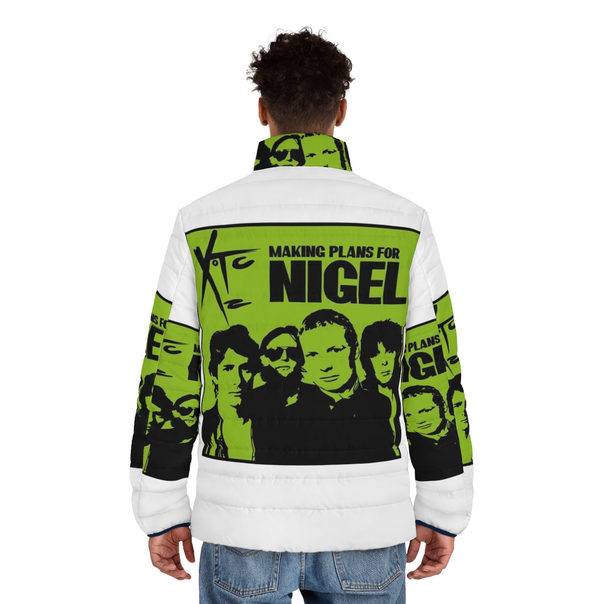 Xtc "Making Plans for Nigel" inspired puffer jacket with retro 70s music and new wave design - men back