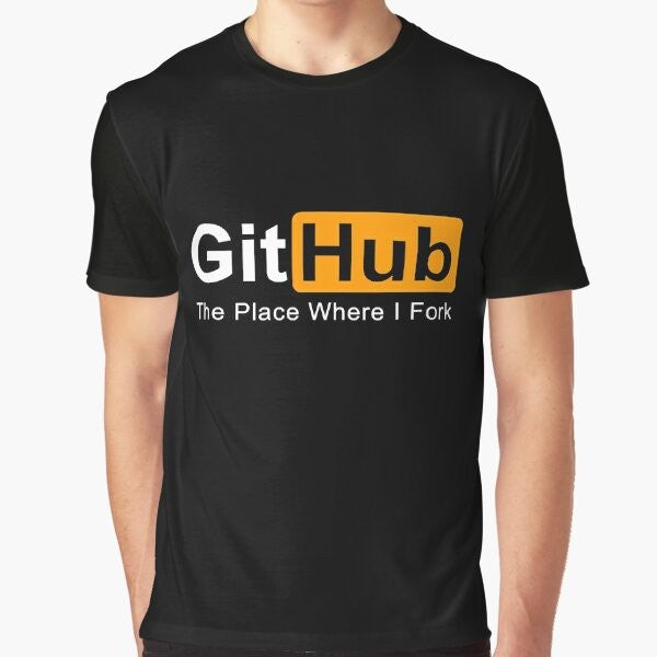 Graphic t-shirt featuring the text "GitHub: The Place Where I Fork Programming"