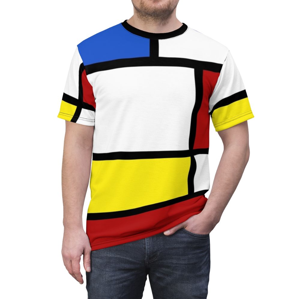 A white t-shirt with a bold box pattern in red and yellow, inspired by 1960s mod fashion. - men front