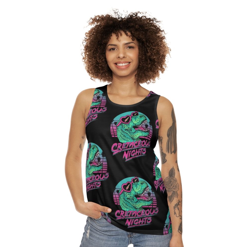 Tyrannosaurus rex dinosaur graphic on a retro-style unisex tank top - women