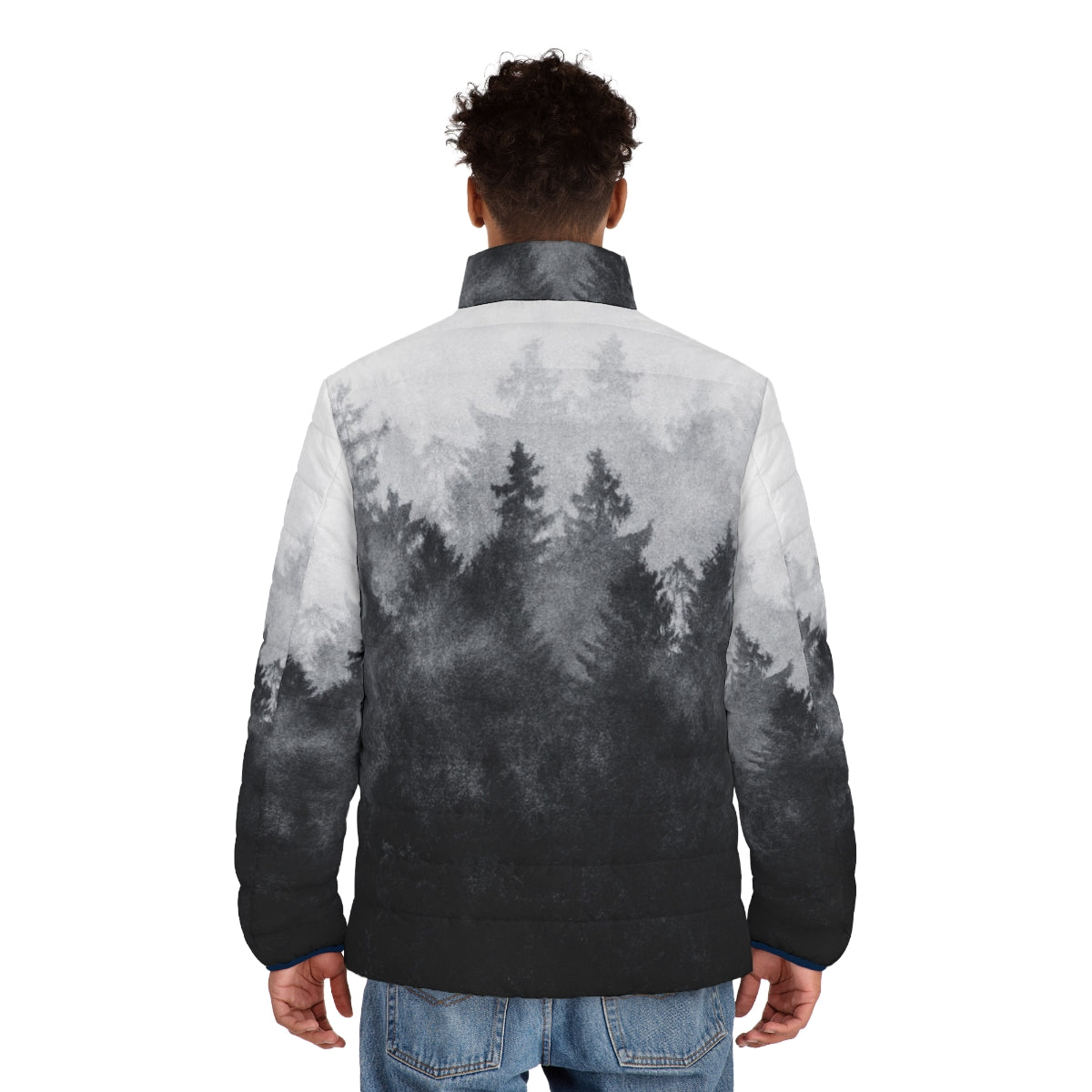 A vintage-inspired puffer jacket in a serene winter landscape - men back