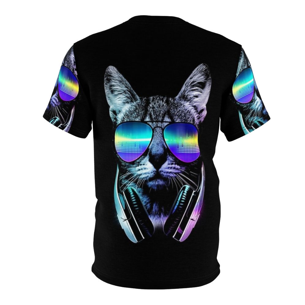 Illustration of a cat wearing headphones against a neon city skyline background on a t-shirt - Back