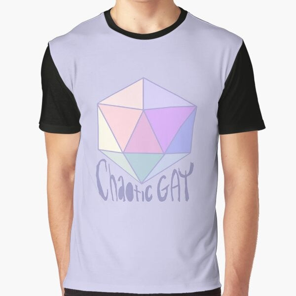 A pastel graphic t-shirt featuring a chaotic gay design for fantasy roleplaying game fans.