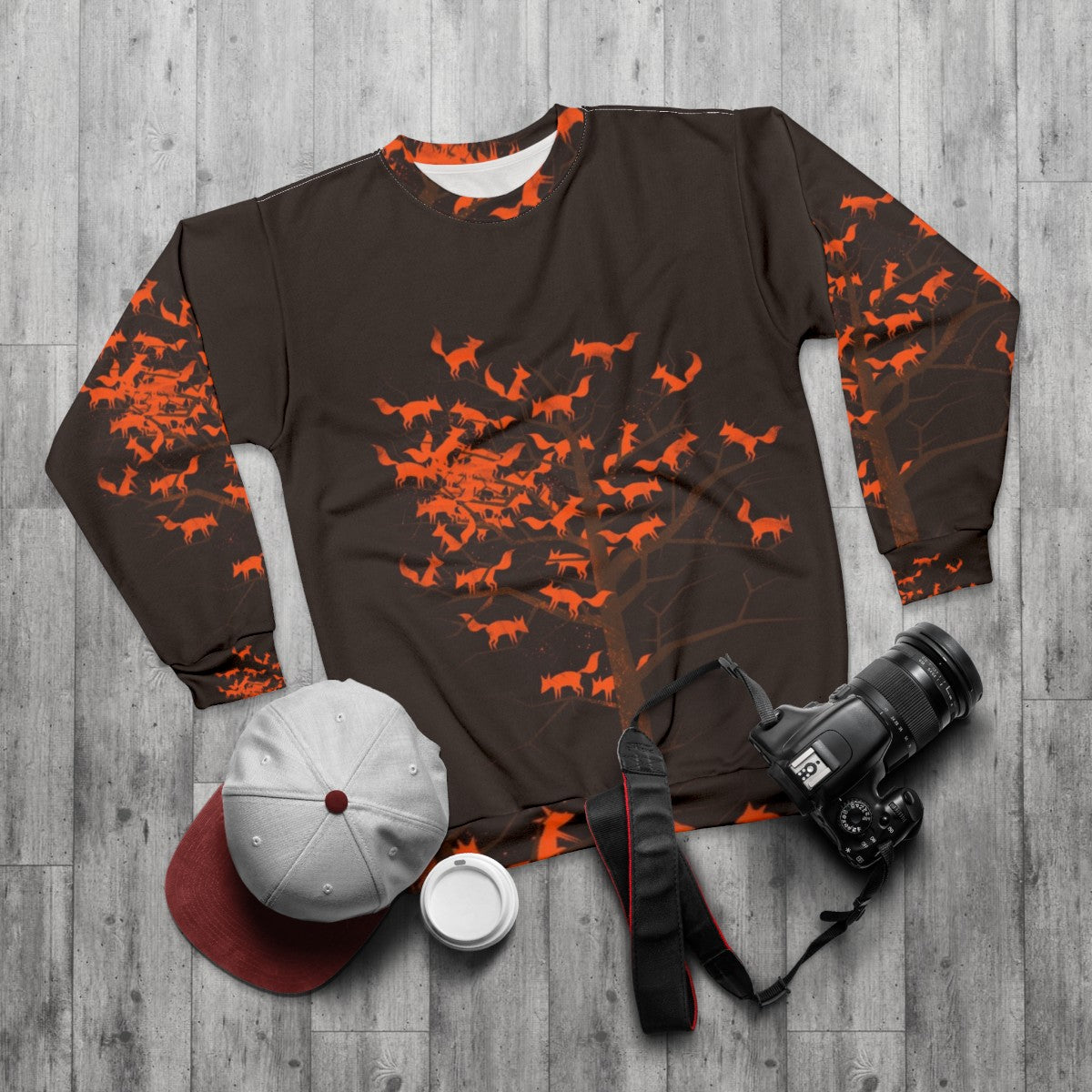 Blazing fox tree sweatshirt with nature and woodland pattern - flat lay