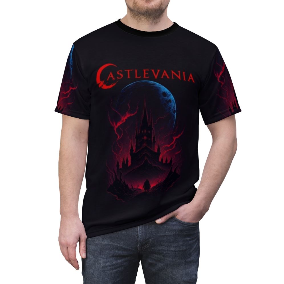 A chilling Castlevania-inspired horror design T-shirt featuring imagery and characters from the Netflix Castlevania anime series. - men front