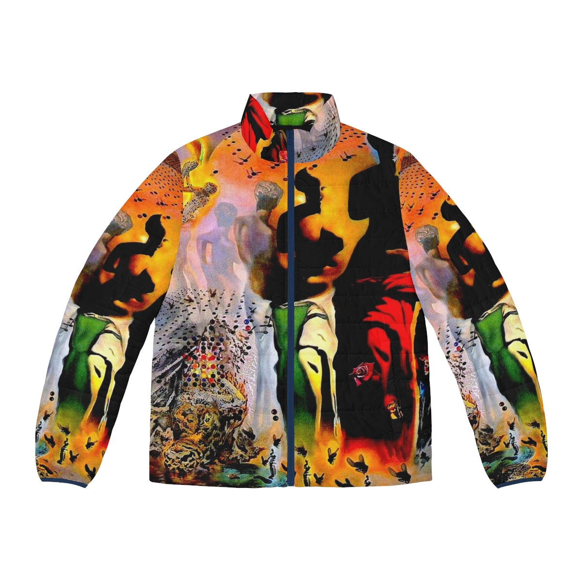 Vintage abstract surreal print puffer jacket featuring Salvador Dali-inspired imagery