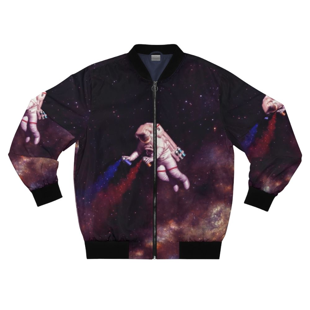 Colorful galaxy-themed bomber jacket with astronaut and spray paint design