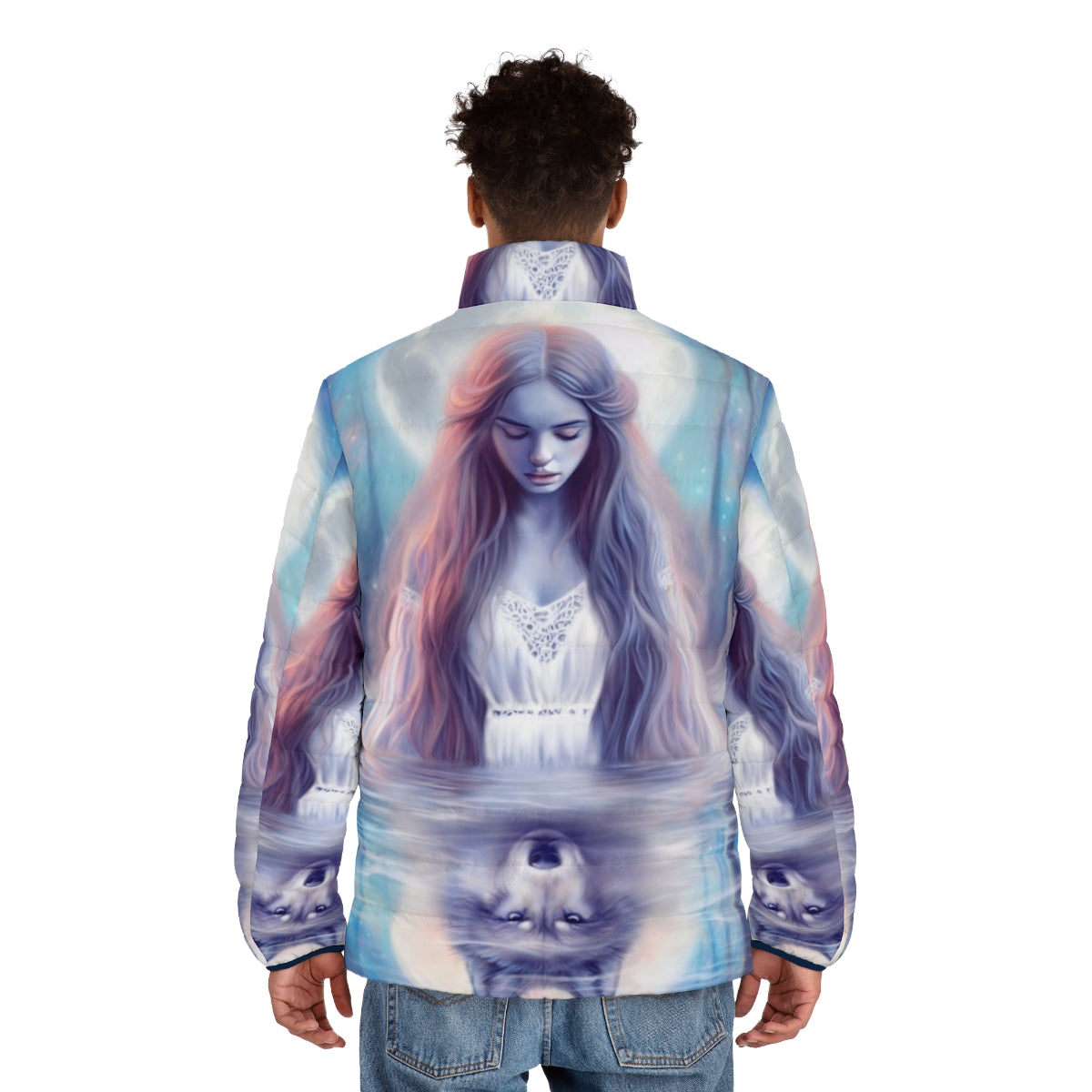 Enchanting pastel puffer jacket featuring a mystical wolf design in a serene forest landscape - men back