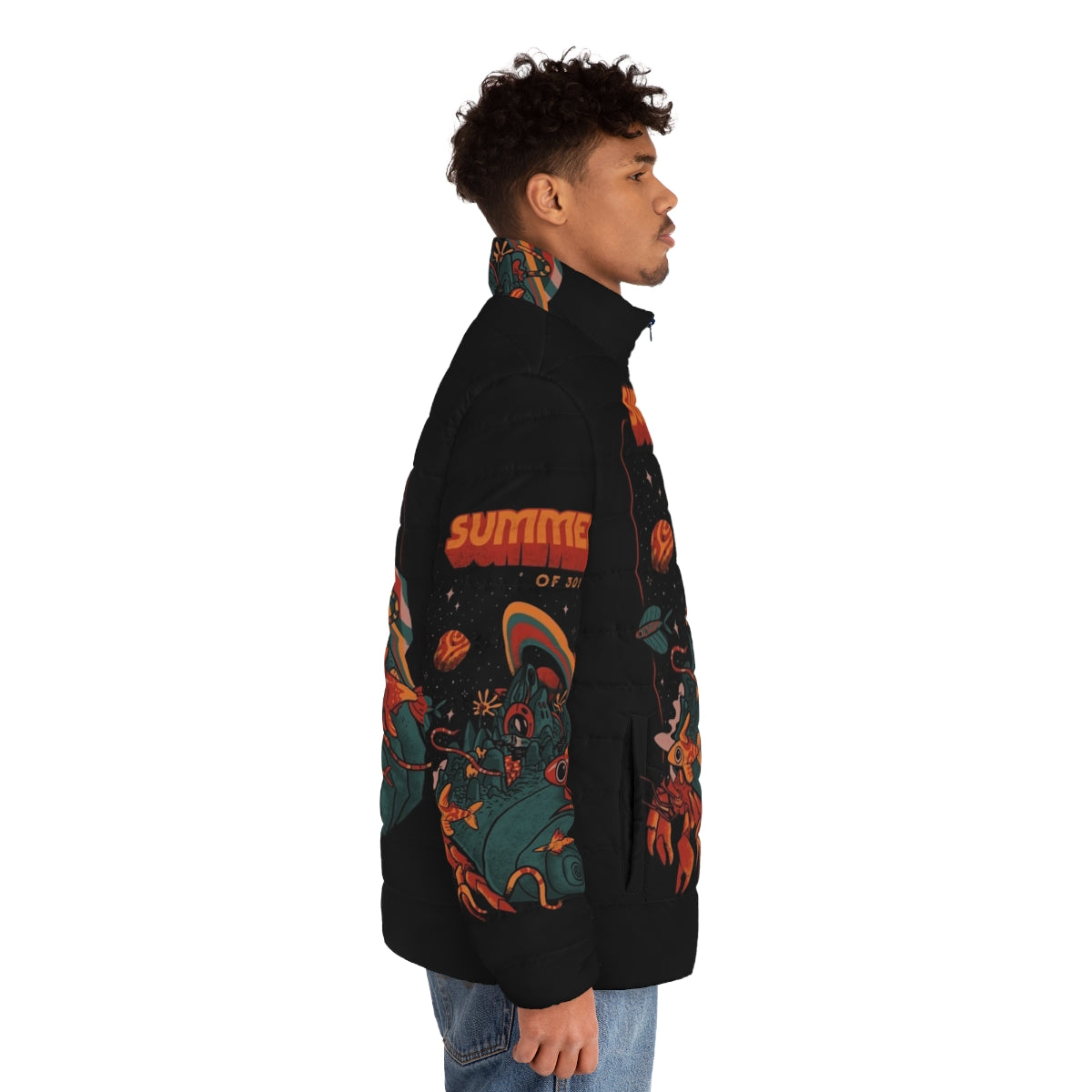 Retro futuristic puffer jacket with cosmic, intergalactic, and aquatic design elements - men side right