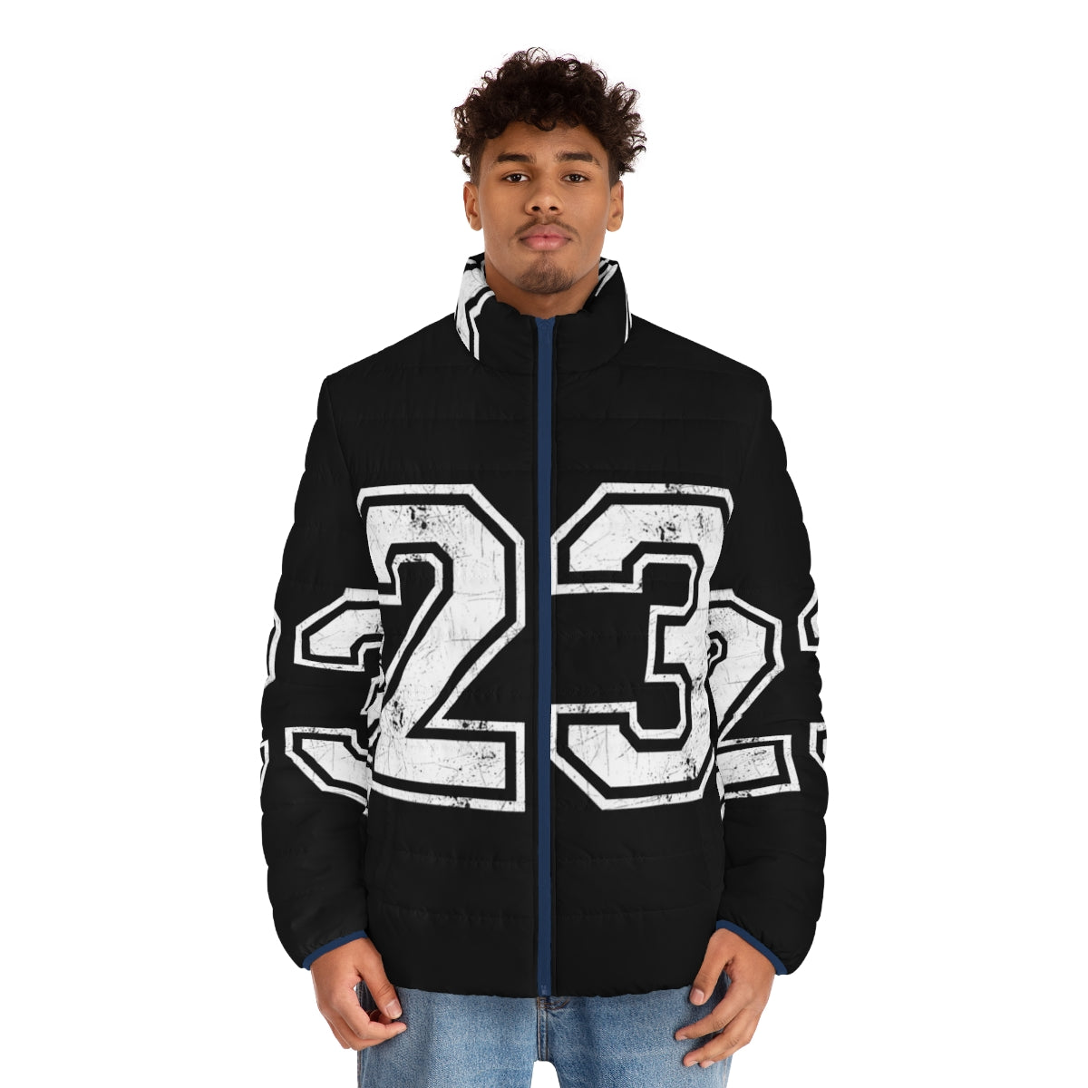 Man wearing number 23 basketball jersey sports puffer jacket - men front