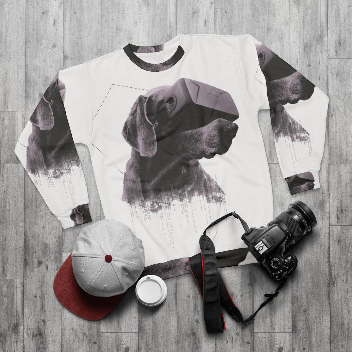 Virtual reality dog sweatshirt with surreal, double exposure design - flat lay