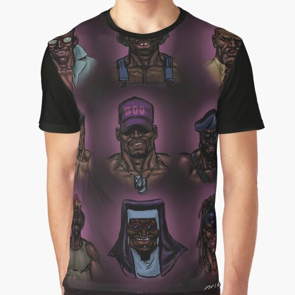 Vibrant graphic t-shirt featuring African American cartoon characters in a comic art style