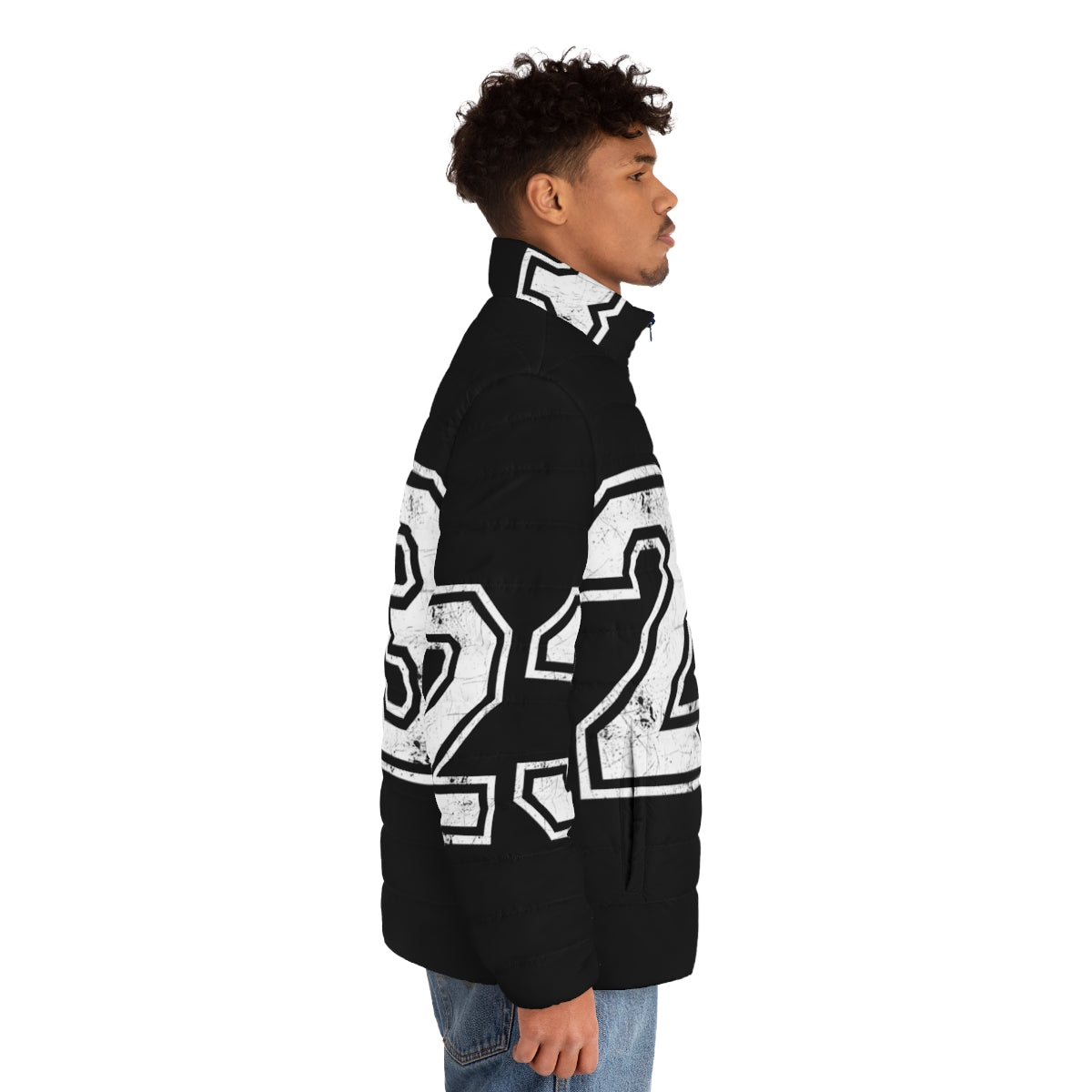 Man wearing number 23 basketball jersey sports puffer jacket - men side right