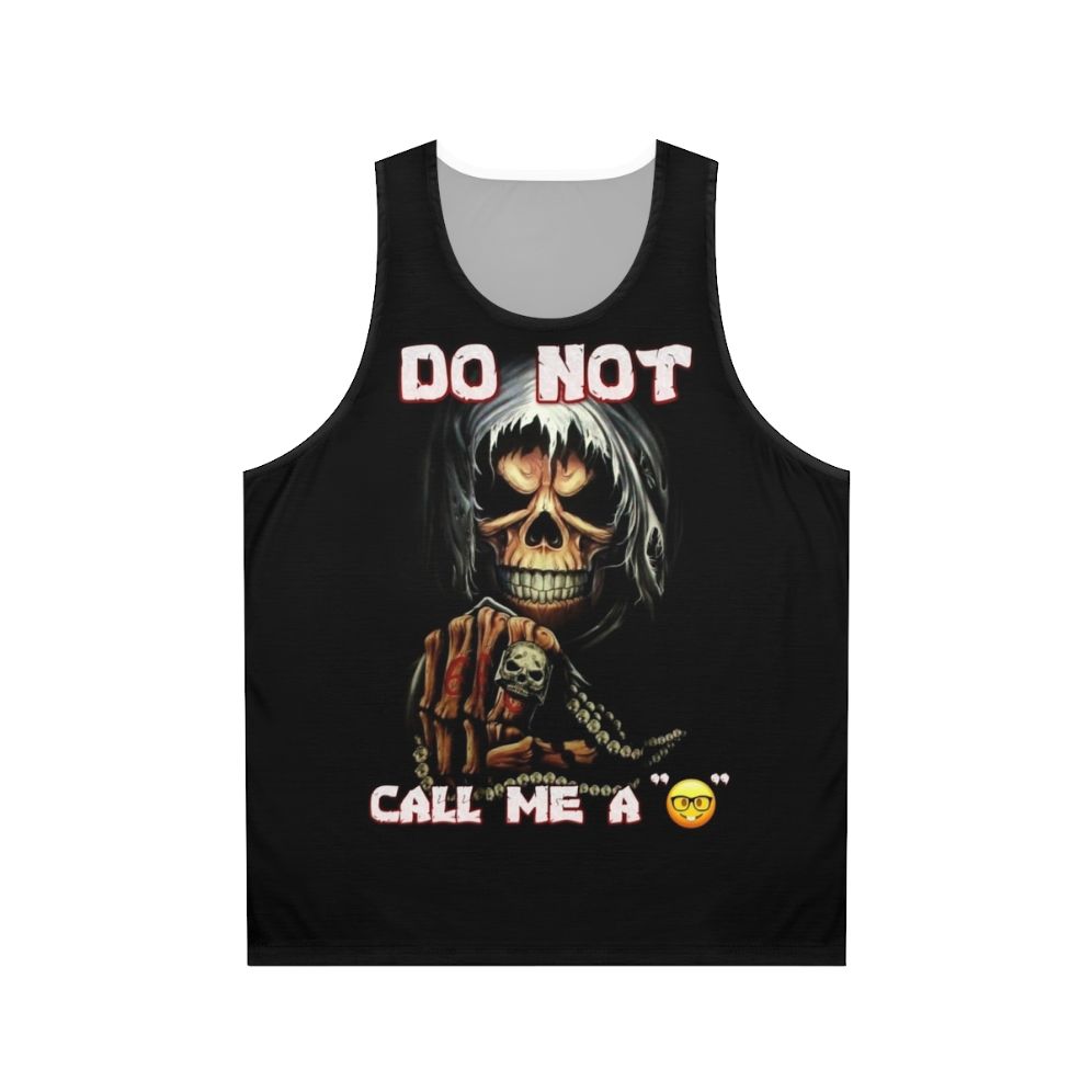 Edgy skull design tank top with meme-inspired text