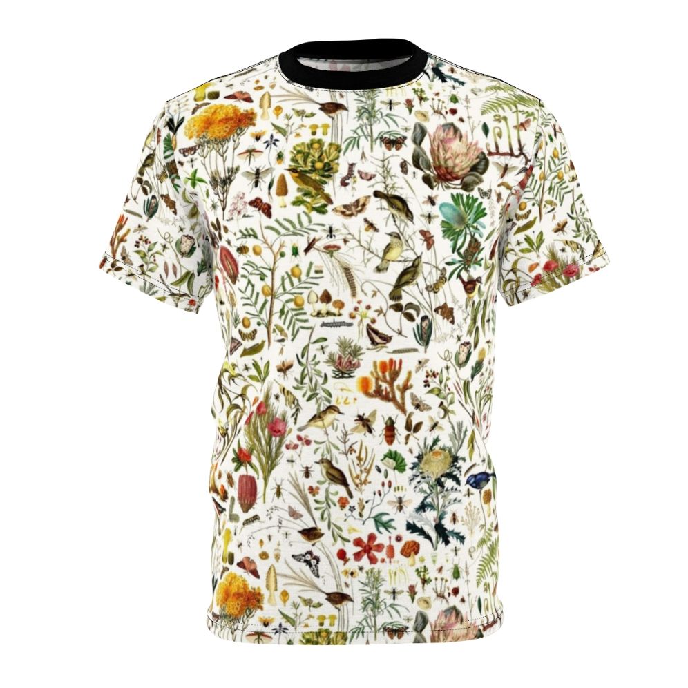 Detailed, colorful t-shirt design featuring a repeating pattern of Australian flora and fauna, including butterflies, birds, and native plants.