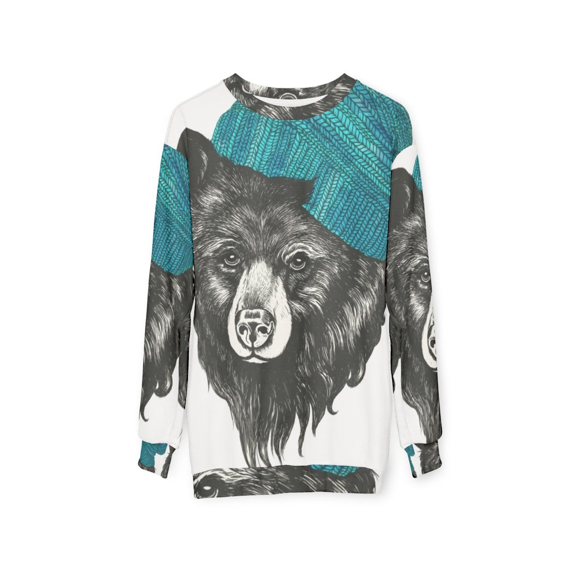 Zissou the Bear in a blue animal print sweatshirt - hanging