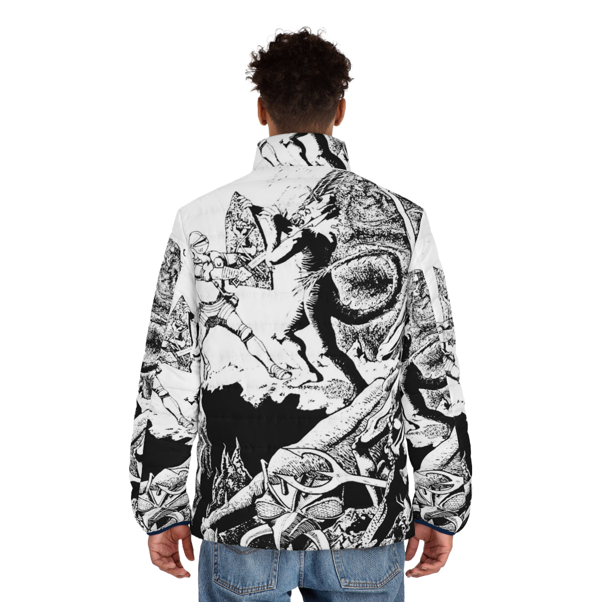 A puffer jacket featuring a paladin character in a fantasy hellscape setting, black and white illustration - men back