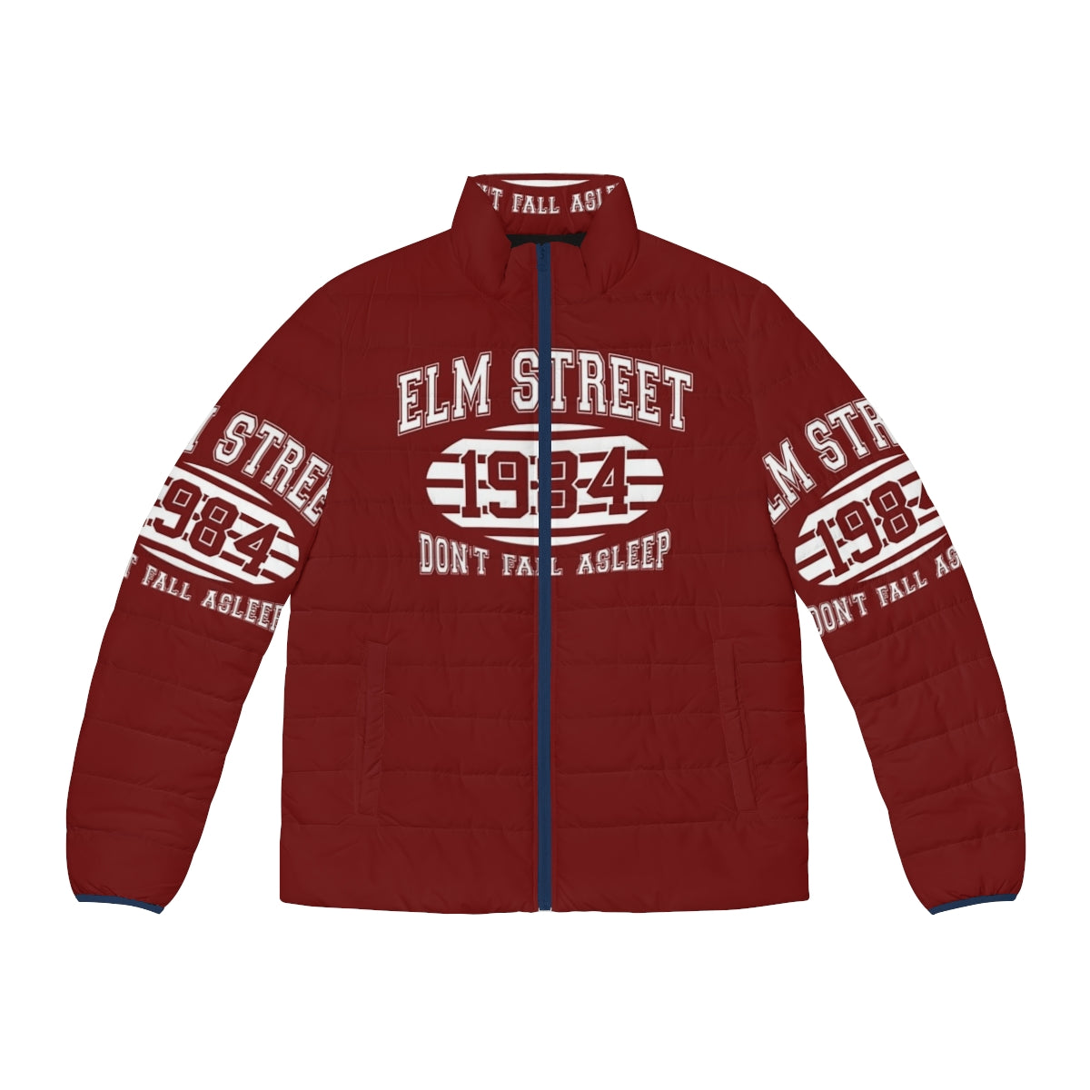 Elm Street College Puffer Jacket featuring Freddy Krueger design