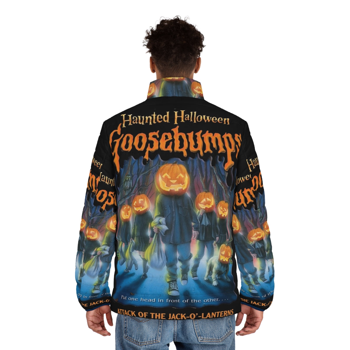 A spooky puffer jacket featuring a jack o' lantern design, perfect for a haunted Halloween costume. - men back