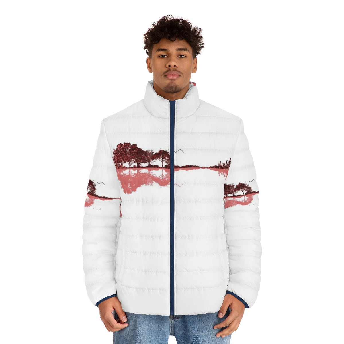 A red puffer jacket featuring a nature guitar and musical notes design - men front