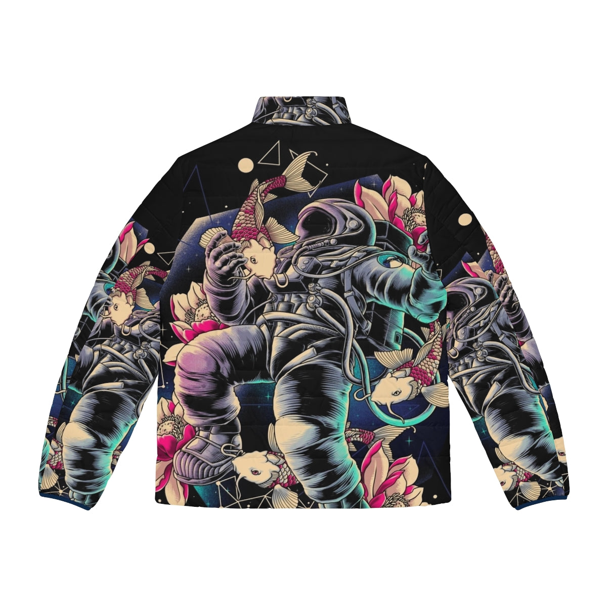 Deep space puffer jacket with a cosmic, interstellar starry design - Back