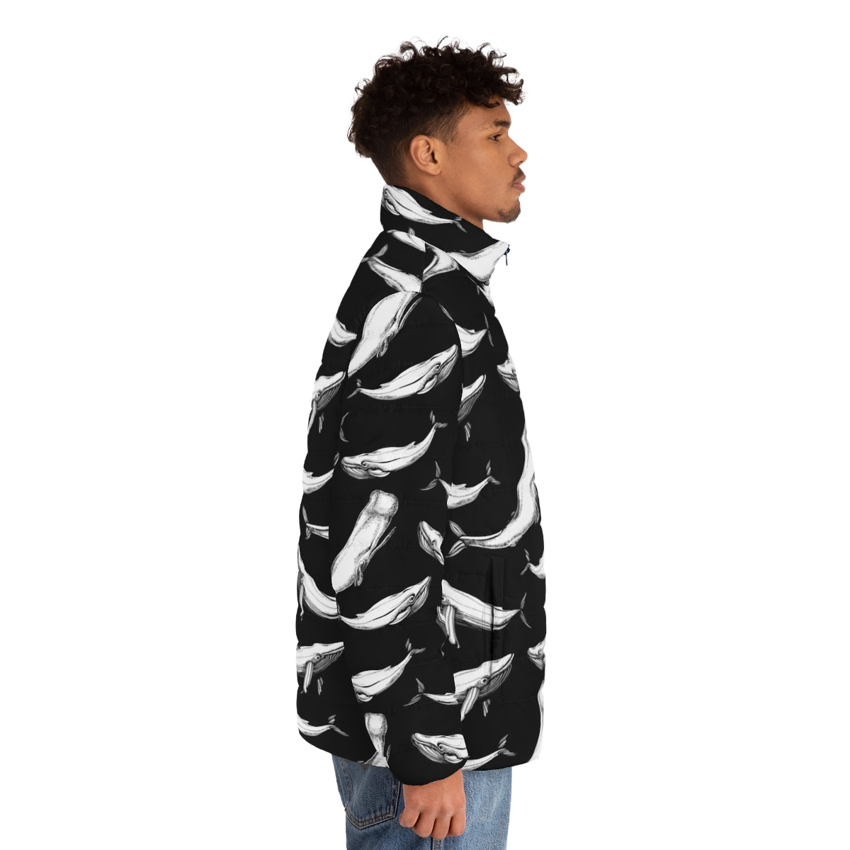 Black patterned puffer jacket with whales and whale graphics - men side right