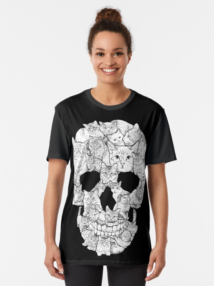 A black t-shirt featuring a graphic design of a cat skull, perfect for horror and gothic fans. - Women