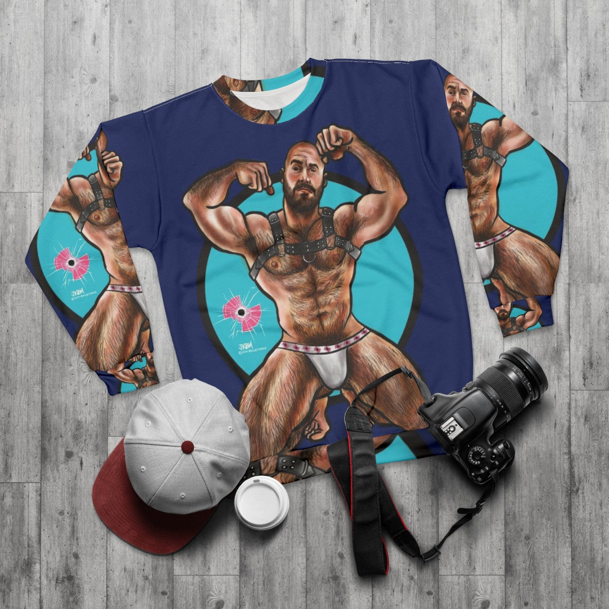 Bullethole graphic sweatshirt for muscle bear fashion - flat lay