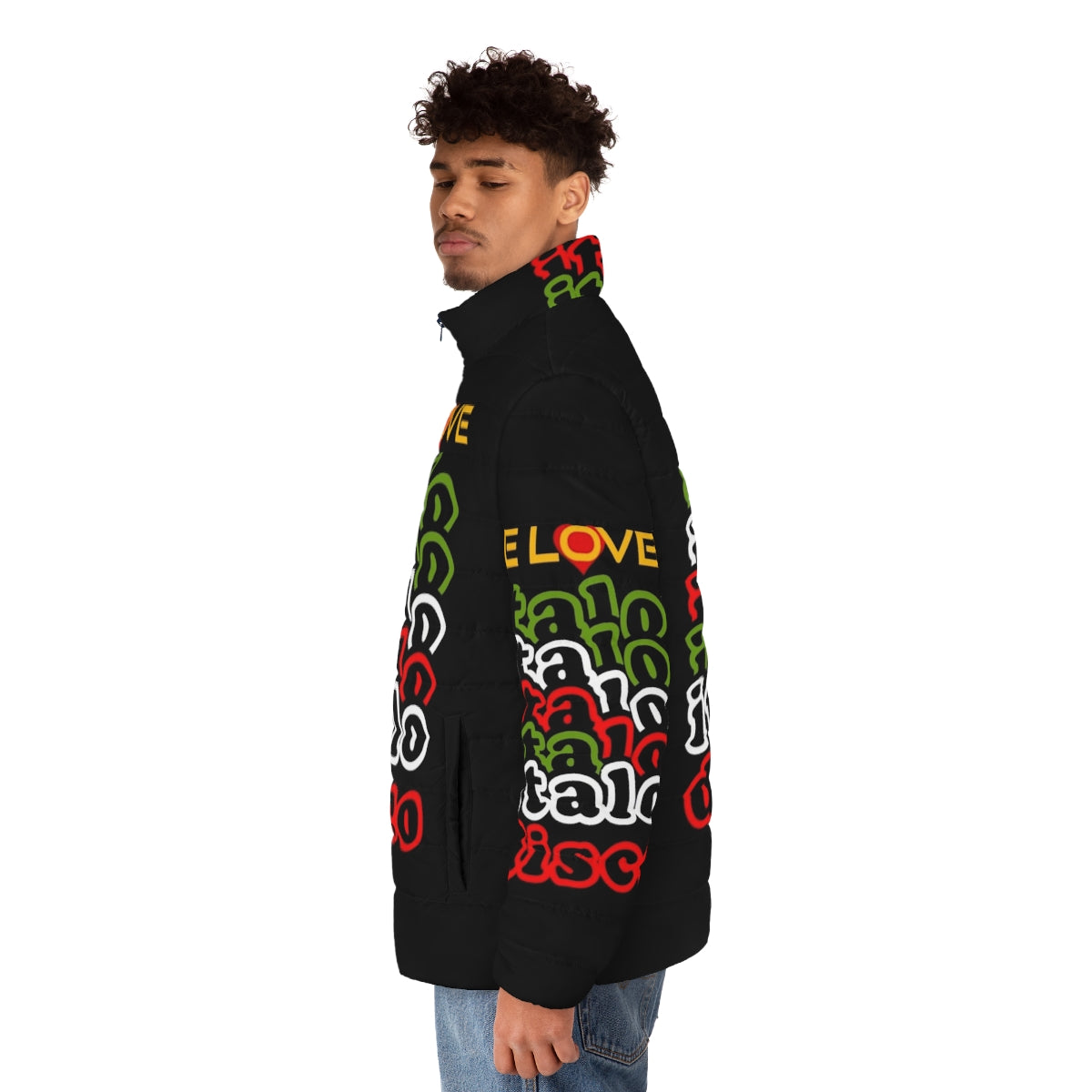 Italo disco inspired puffer jacket with retro 80s design - men side left