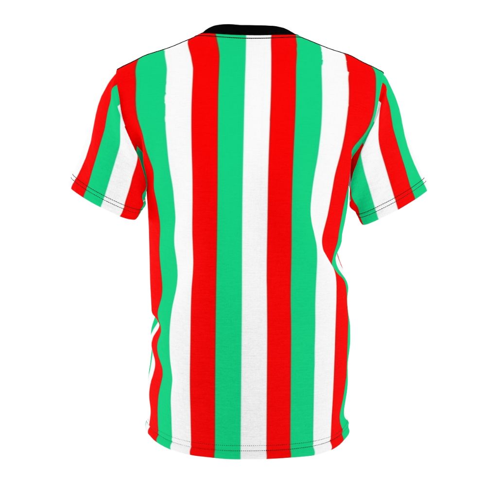 Vibrant red, green, and white striped t-shirt with a bold, graphic design - Back