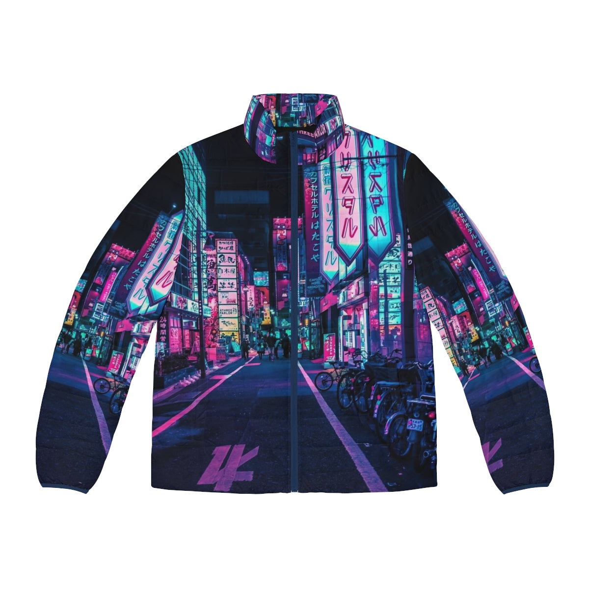 Tokyo Neon Wonderland Puffer Jacket 2 - Futuristic cyberpunk style puffer jacket with neon lights and pastel colors