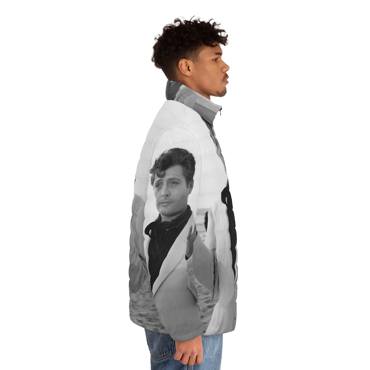 Marcello Mastroianni inspired puffer jacket with Italian cinema and nouvelle vague design elements - men side right