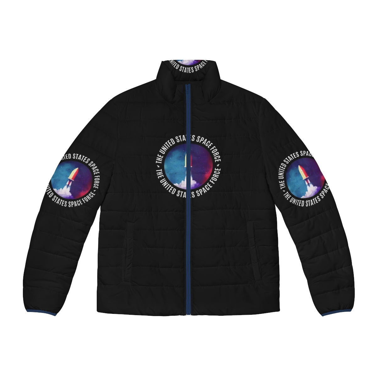 Space Force watercolor logo printed on a navy blue puffer jacket