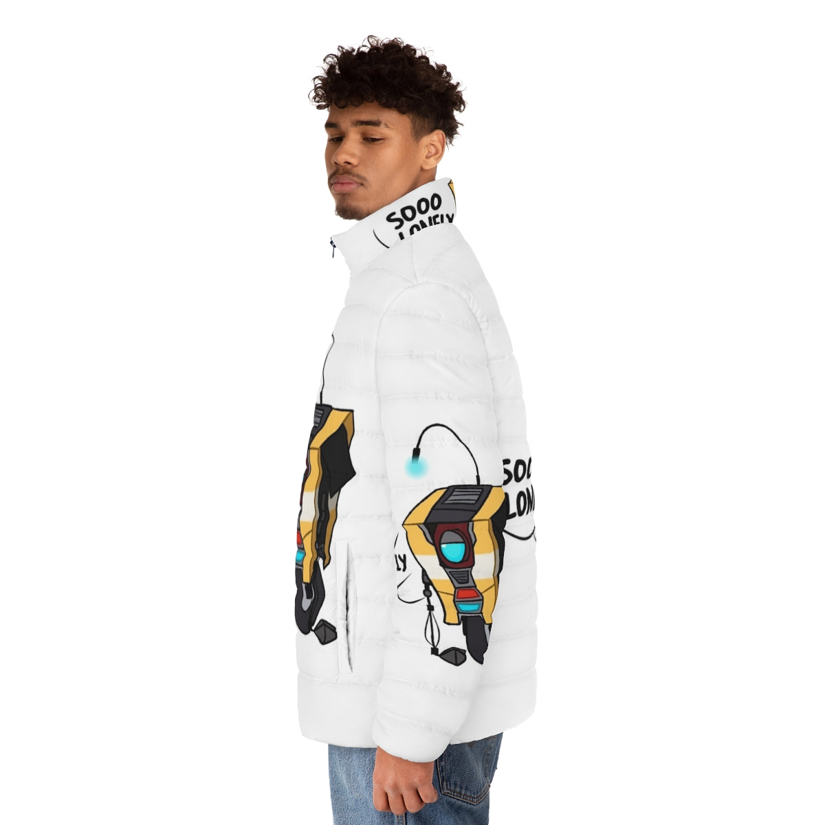 Borderlands Claptrap 1 Puffer Jacket featuring the iconic Claptrap character from the Borderlands video game series - men side left