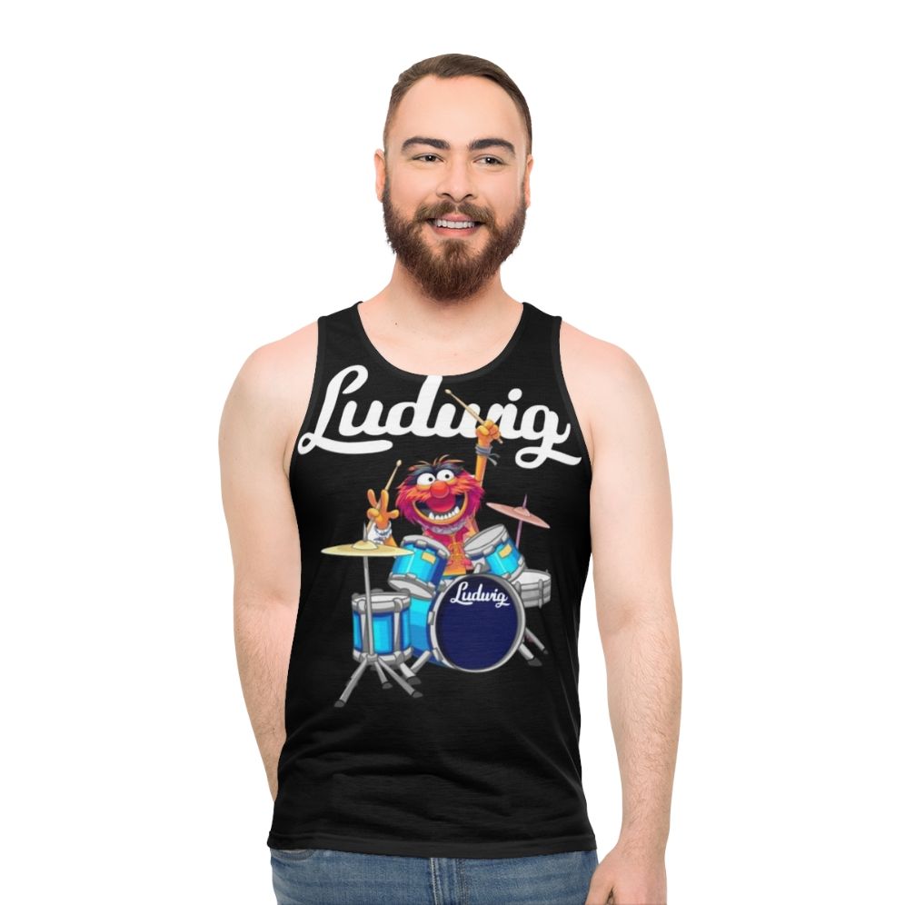 Animal playing Ludwig drums on a The Muppet Show unisex tank top - men