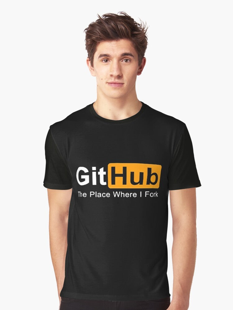 Graphic t-shirt featuring the text "GitHub: The Place Where I Fork Programming" - Men