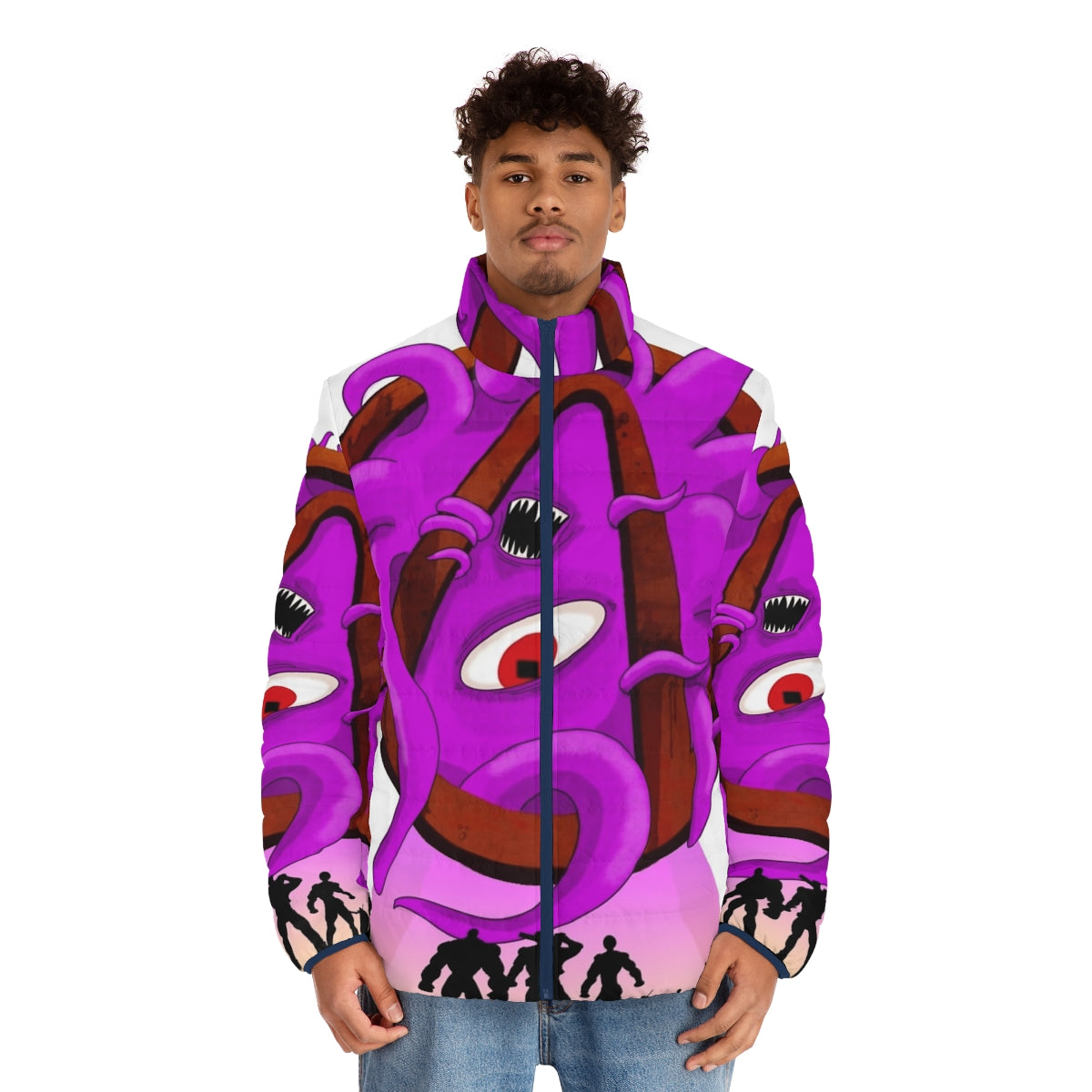 A high-quality puffer jacket featuring the iconic Borderlands logo and tentacles design, perfect for Borderlands fans. - men front