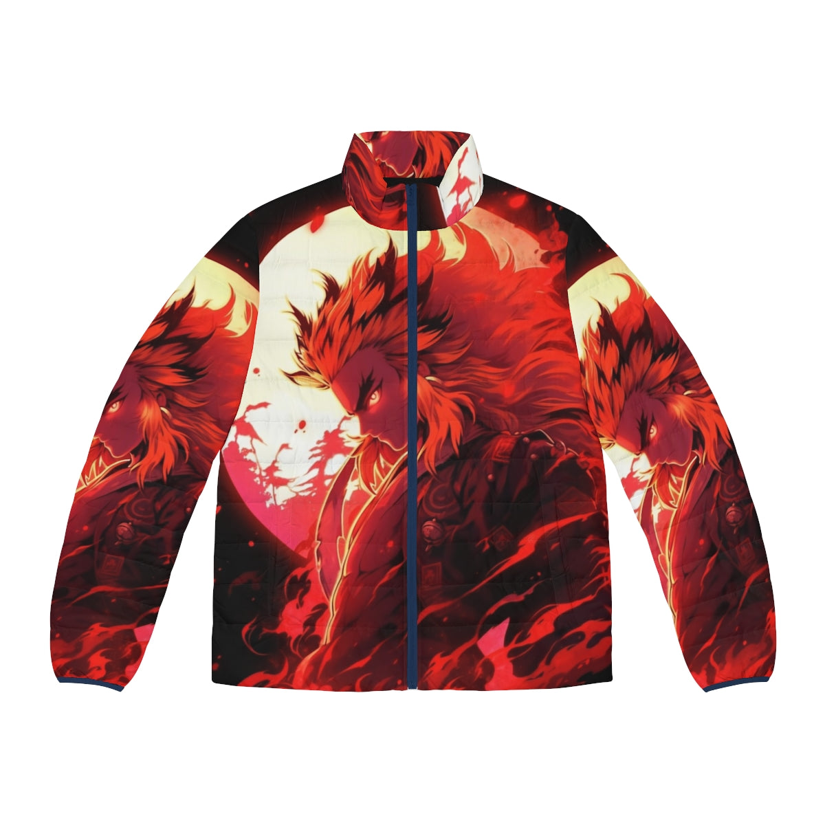 Flame Slayer Demon Slayer Puffer Jacket with Rengoku Inspired Anime Graffiti and Fire Graphics