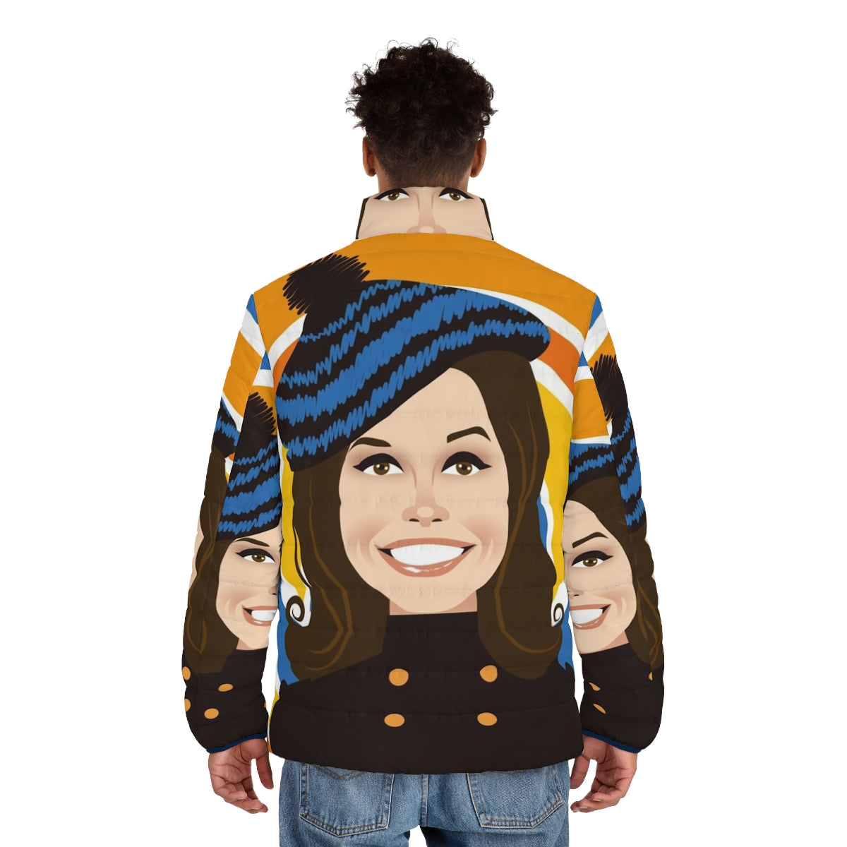 Mary Tyler Moore wearing a puffer jacket with Alejandro Mogollo art - men back