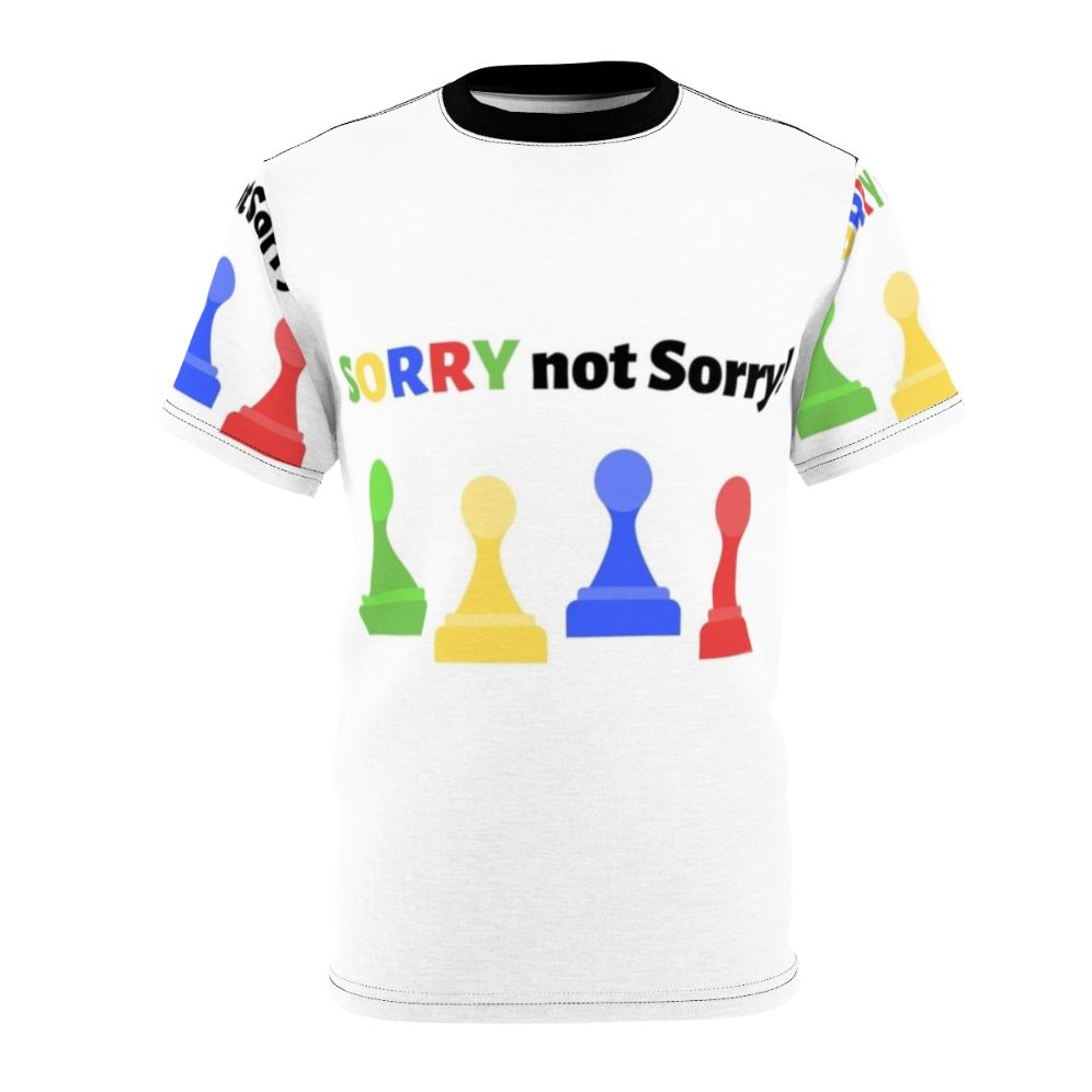 Vibrant "Sorry Not Sorry" T-shirt design featuring bold primary colors and classic board game pieces