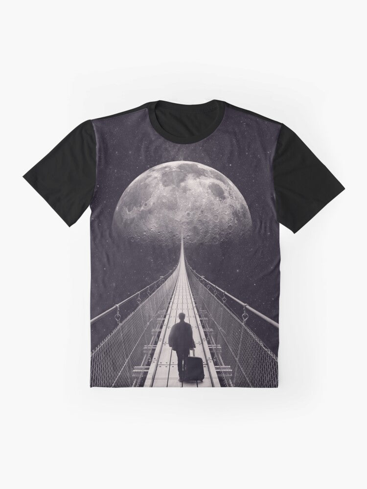 Astronaut floating among stars and moon in a surreal, cosmic graphic t-shirt design. - Flat lay