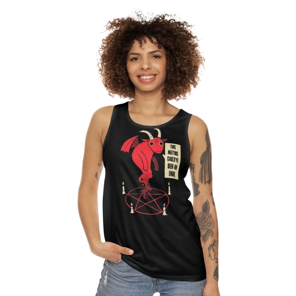 Unisex tank top with vintage devil quote design - women