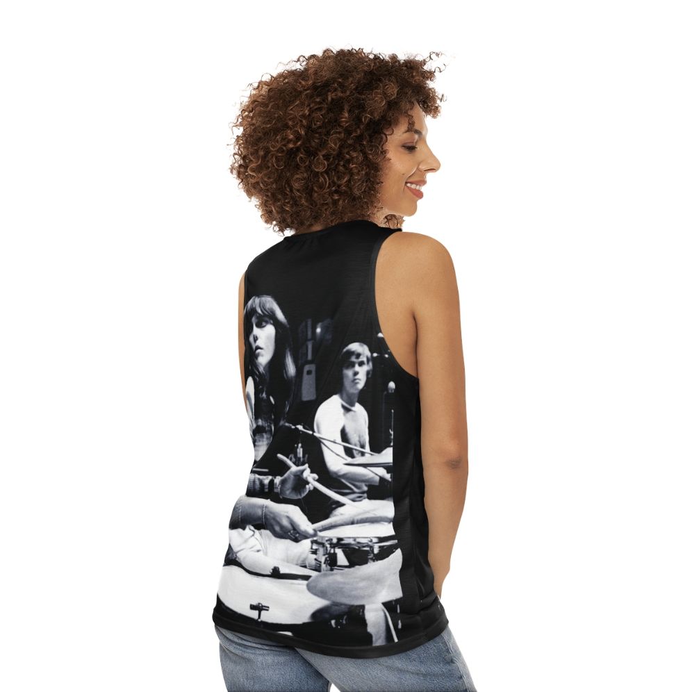 Unisex vintage 70s tank top featuring Karen Carpenter, legendary Carpenters drummer - women back