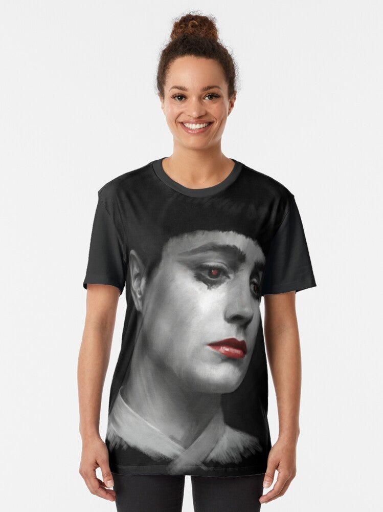 Rachel Blade Runner Business Graphic T-Shirt featuring a cyberpunk design with a replicant android theme. - Women