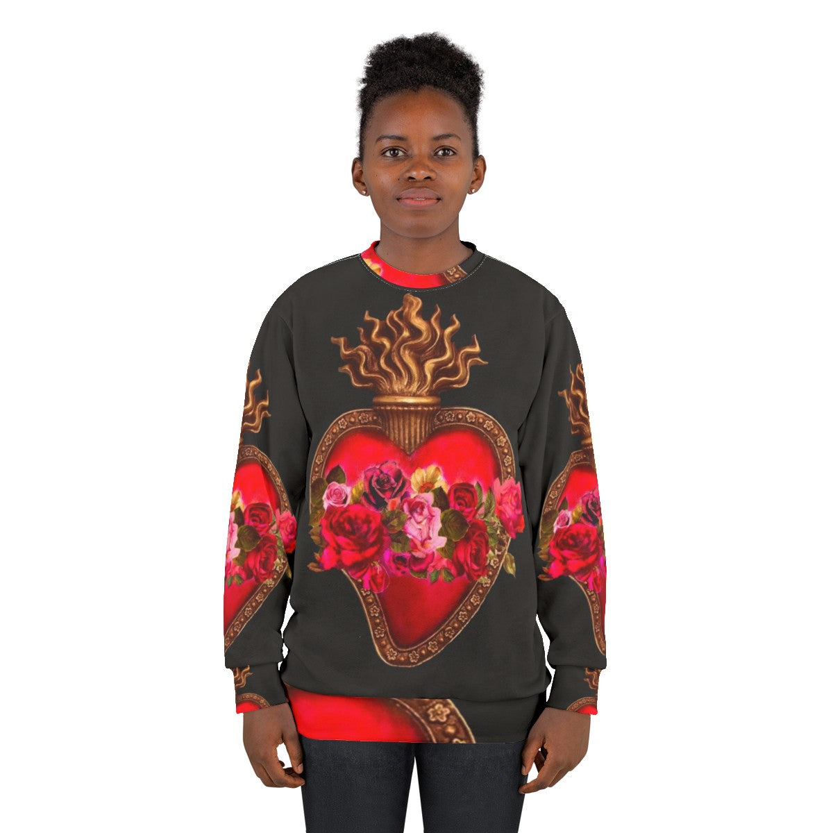 Vibrant sacred heart and immaculate heart red flaming heart design on a red sweatshirt - women