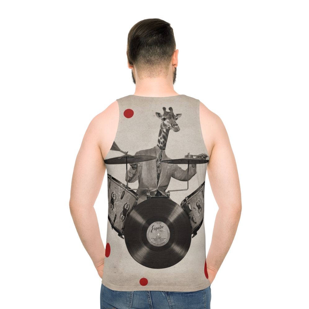 Surreal giraffe drummer anthropomorphic unisex tank top - men back