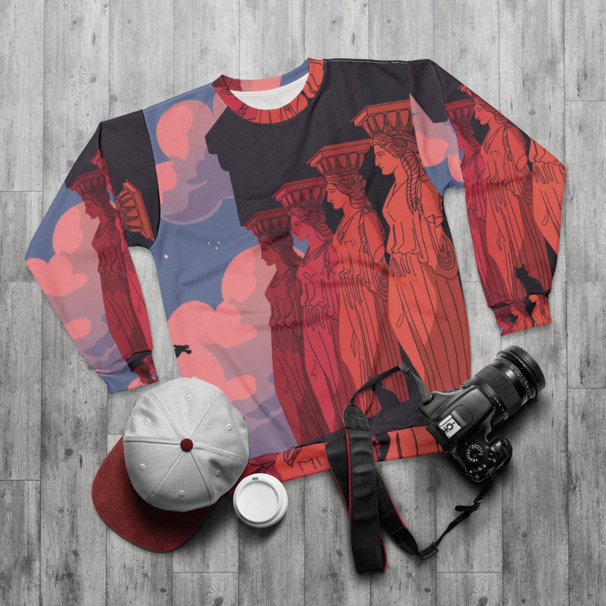 Caryatids At Dusk Sweatshirt depicting ancient Greek archaeological ruins - flat lay