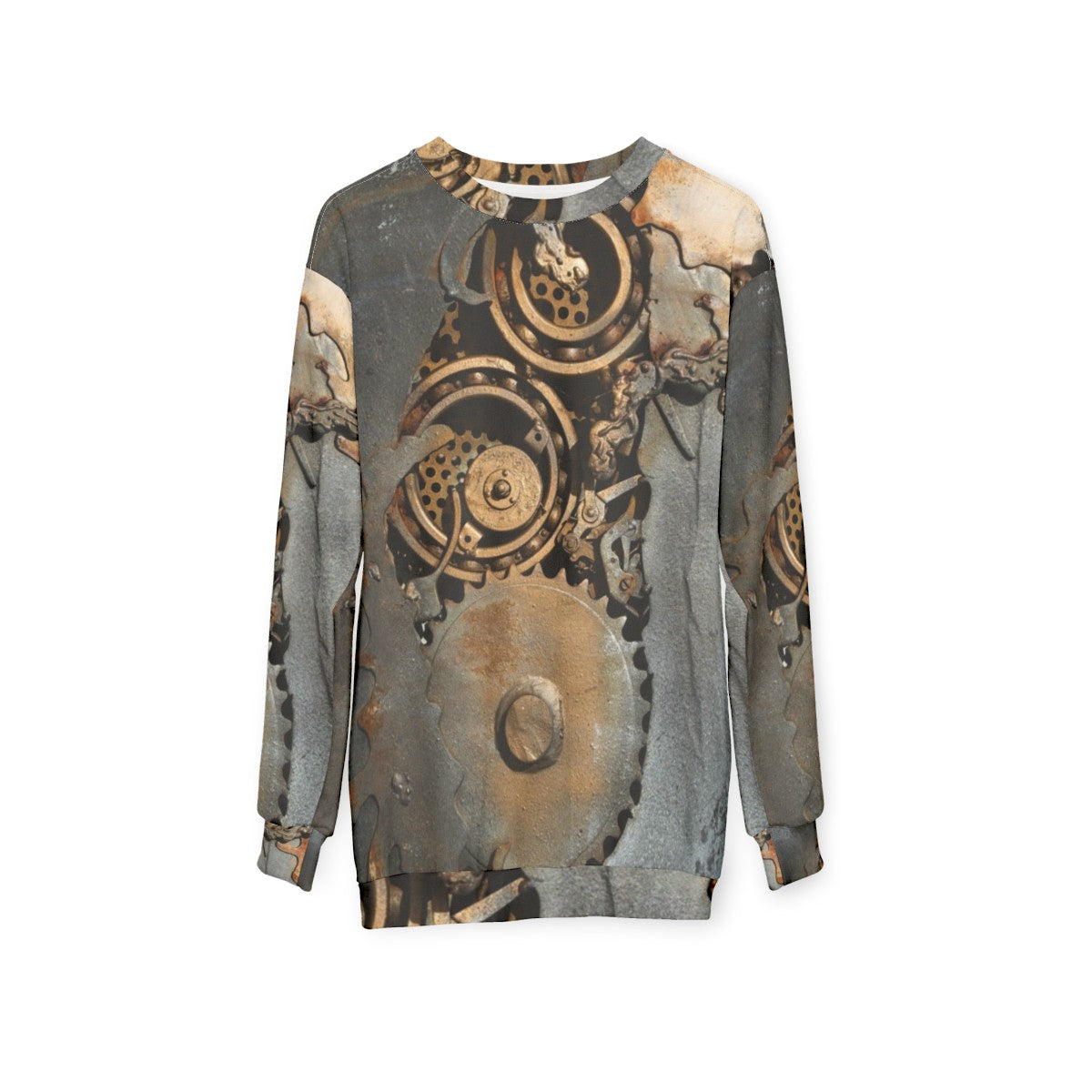 Steampunk Gears Sweatshirt featuring rusty metal cogs and sprockets - hanging