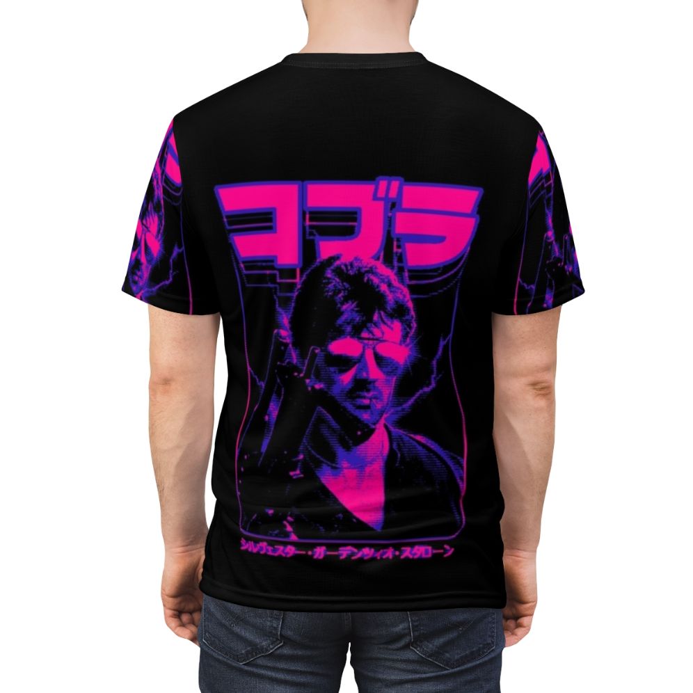 Retro-style t-shirt featuring a pixelated design inspired by the 1980s action movie Cobra - men back